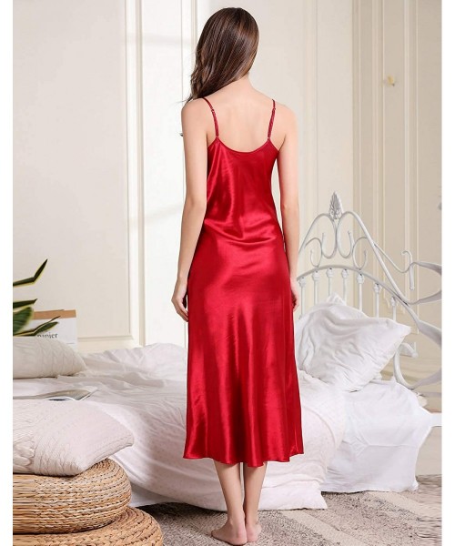 Robes 2 Piece Women Satin Nightgowns and Robe Set Sexy Silk Slip Dress Chemise Nightdress - Red - C3193N9GSYQ