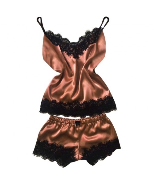 Sets Sleepwear for Women Lingerie Camisole Bow Shorts V-Neck Lace Pajamas Set - Brown - CH194ARCETY