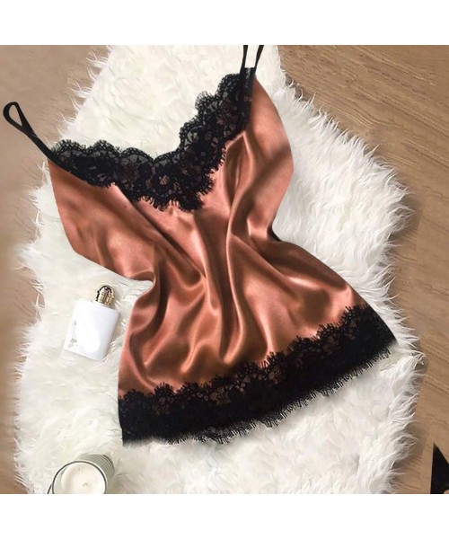 Sets Sleepwear for Women Lingerie Camisole Bow Shorts V-Neck Lace Pajamas Set - Brown - CH194ARCETY