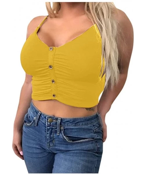 Camisoles & Tanks Women's Fashion Plus Size Spaghetti Strap V Neck Ruched Cami Bralette Bustier Crop Top - Yellow - CQ197264YIU