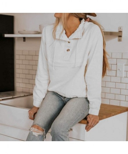Tops Women's Short Sweatshirt Solid Button up Neck Long Sleeves Drawstring Hoodie - White - CM18WXY92LD