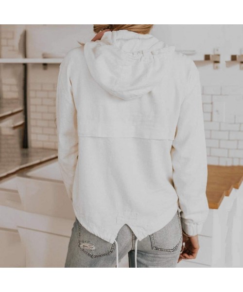 Tops Women's Short Sweatshirt Solid Button up Neck Long Sleeves Drawstring Hoodie - White - CM18WXY92LD