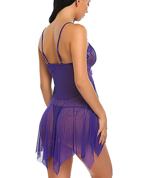 Garters & Garter Belts Womens Bow Chemise Sexy Babydoll Camis Lingerie V-Neck Gauze Sleepwear Nightdress - Purple - CX193TA8L9R