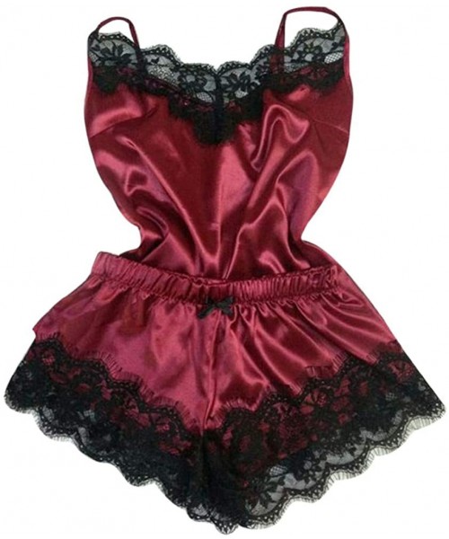 Sets Lingerie for Women New Camisole Bow Shorts V-Neck Tops Velvet Sexy Pajamas Sleepwear - Winered - C2196T73HUN
