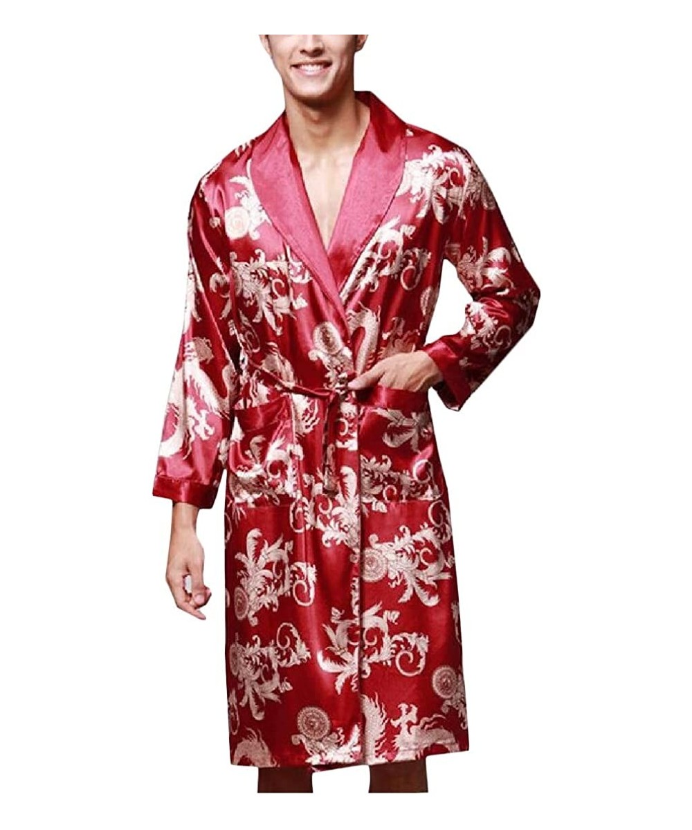 Robes Mens Lounge Homewear Print Bathrobe Cozy Long Sleeve Robe with Pocket - Wine Red - CQ18T60R3DQ