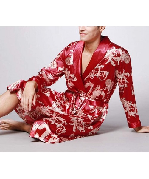 Robes Mens Lounge Homewear Print Bathrobe Cozy Long Sleeve Robe with Pocket - Wine Red - CQ18T60R3DQ