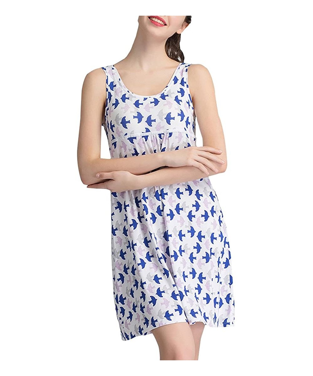 Nightgowns & Sleepshirts Womens Cotton Built in Bra Padded Bra Camisole Wide Straps Sleeveless Floral Print Tank Dress - Blue...