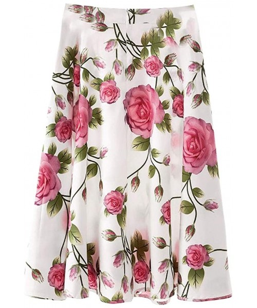 Sets Women's A-Line Pleated Flare Midi Skirt Casual Knee Length Boho Style Floral Printed Elegant Skirts - White - CS193TYA5SW