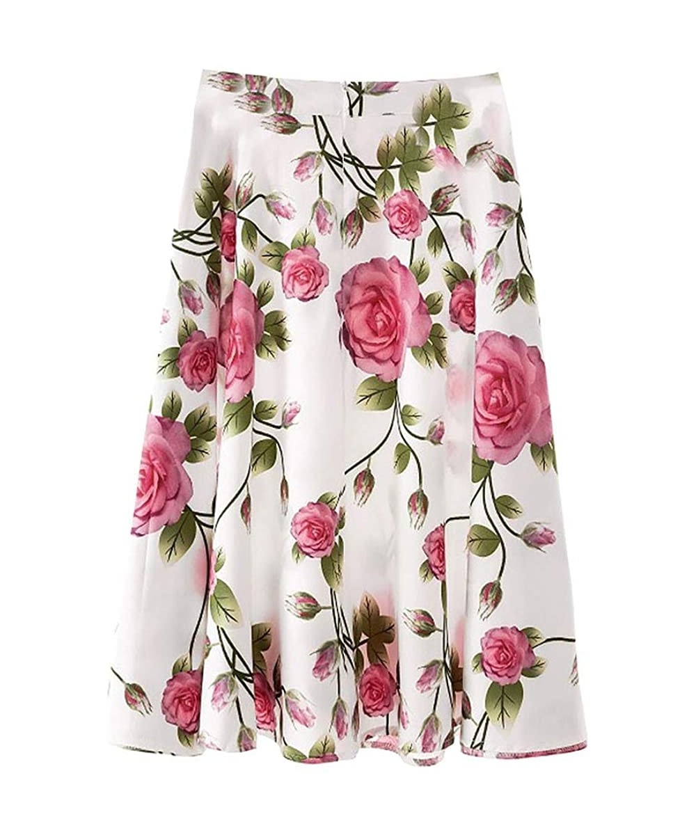 Sets Women's A-Line Pleated Flare Midi Skirt Casual Knee Length Boho Style Floral Printed Elegant Skirts - White - CS193TYA5SW