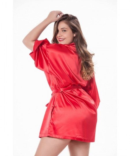 Robes Women's Satin Kimono Bridesmaids Robes Party Lingerie Gown Bathrobe V-Neck Short Nightdress - Red - CE18UE3OE8C