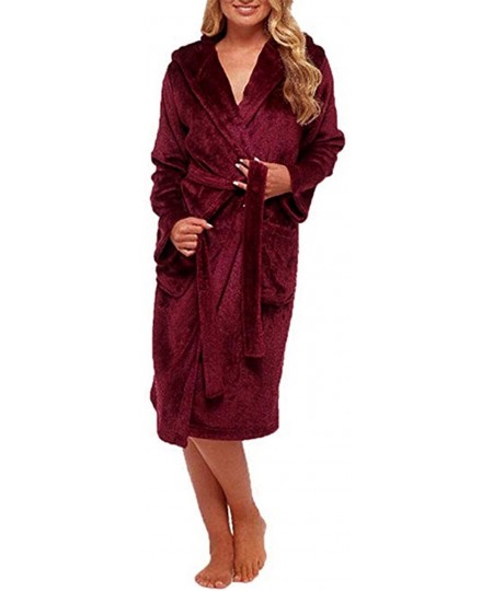 Robes Women Plush Fleece Robe with Hood Warm Long Nightgown Pajamas Bathrobe with Pockets - Burgundy - CZ19CS8483D