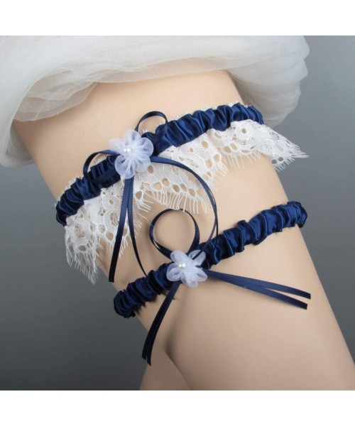 Garters & Garter Belts 2019 Sexy Lace Wedding Garter Set for Bride Stretchy Party Leg Garters Rhinestones - 4-navy - CW18NZSXD56