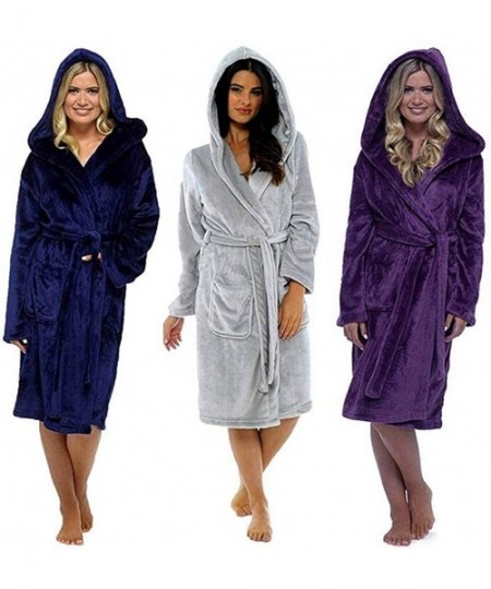 Robes Women Plush Fleece Robe with Hood Warm Long Nightgown Pajamas Bathrobe with Pockets - Burgundy - CZ19CS8483D