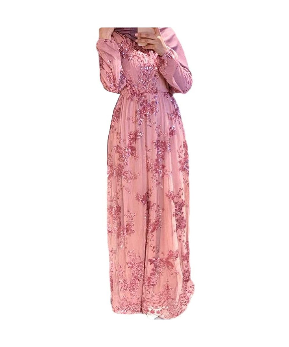 Robes Women's Muslim Embroidered Dubai Sequin Islamic Kaftan Dresses - Pink - C3199OMSTAY
