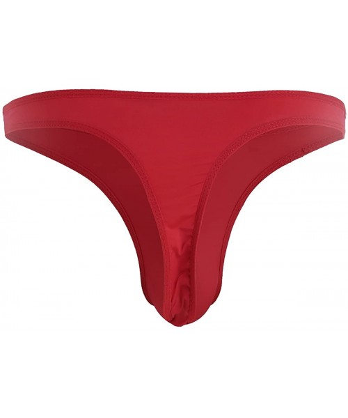 Briefs Men's Sexy Ruched Ice Silk G-String Thongs Bikini Briefs Underwear - Red - C918RH8QH6H