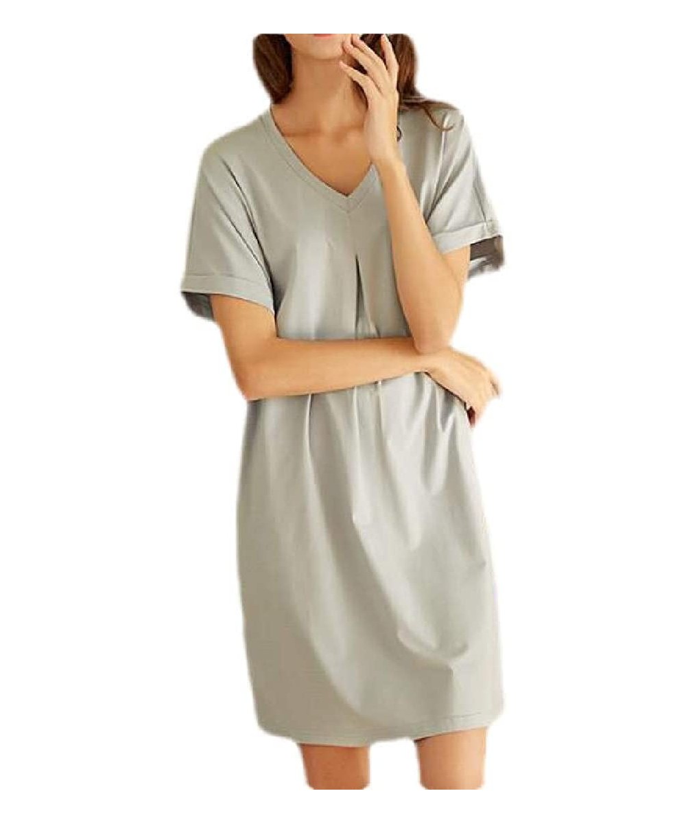 Nightgowns & Sleepshirts Knitted Sleepwear V Neck Short Sleeve Loose Sleepwear Nightgown - 3 - C019DSX9ZTZ