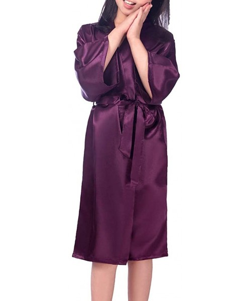 Slips 4-14 Code Children Pajamas Solid Nightgown Lingerie Silky Kimono Robes Underwear - Purple - CP193Z067IU