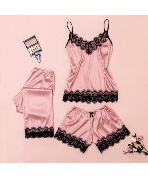 Sets 3PC Womens Lace Satin Sleepwear Lingerie Camisole Bow Trousers Casual Pajamas - Pink - CT193Q5GTQ2
