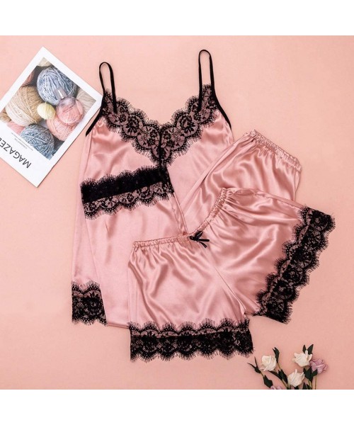 Sets 3PC Womens Lace Satin Sleepwear Lingerie Camisole Bow Trousers Casual Pajamas - Pink - CT193Q5GTQ2