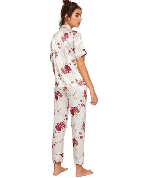Sets Women's Pajamas Set Button Down Sleepwear Short Sleeve Nightwear Pants Loungewear - White - CH18SWGA63W