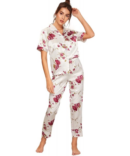 Sets Women's Pajamas Set Button Down Sleepwear Short Sleeve Nightwear Pants Loungewear - White - CH18SWGA63W
