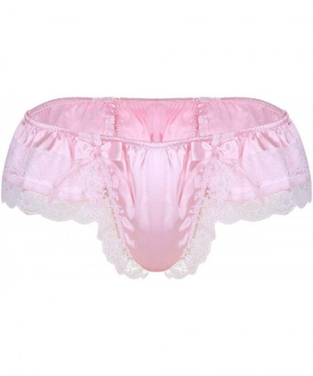 G-Strings & Thongs Men's Satin Silk Bikini Briefs Lace Ruffled Sissy Pouch Panties Thong Skirted Frilly Underwear - Pink - CL...