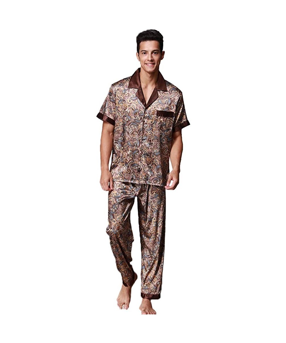 Sleep Sets Men's Classic Satin Short Sleeve Pajamas Set Dragon Pattern Loungewear - Coffee - CC12NABC85P