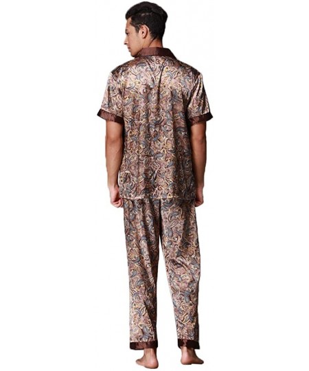 Sleep Sets Men's Classic Satin Short Sleeve Pajamas Set Dragon Pattern Loungewear - Coffee - CC12NABC85P