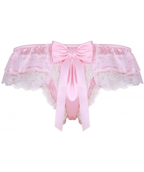 G-Strings & Thongs Men's Satin Silk Bikini Briefs Lace Ruffled Sissy Pouch Panties Thong Skirted Frilly Underwear - Pink - CL...