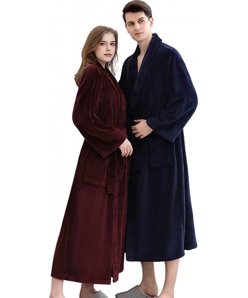 Robes Mens Cozy Flannel Plush Bath Robe Shawl Collar Fleece Long Spa Bathrobe - Navy - CB18Z6AA2SA