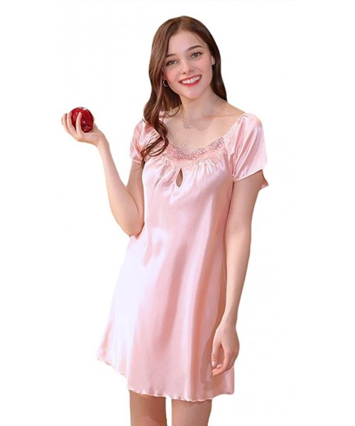 Robes Women's Sexy Lace Trim Satin Nightgown Satin Chemise Slip Sleepwear - Pink 1 - C018GY7GU2I
