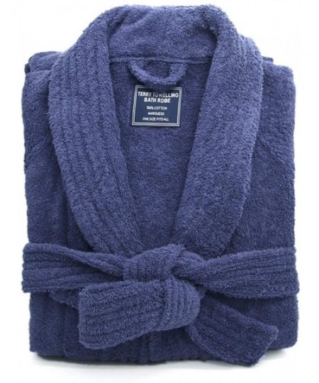 Robes Premium Thick Terry Cloth Bathrobe- Long -Staple Combed Cotton Robe-Unisex Suits for Adult - Navy Blue - CQ18YME8945