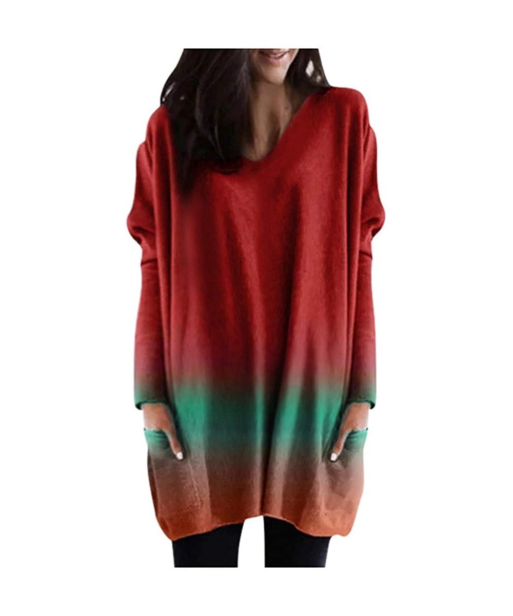 Tops Women's Tie-Dyeing Gradient Color Loose Long T-Shirt Long Sleeve V-Neck Pockets Pullover Daily Blouse Tops - Wine - C919...
