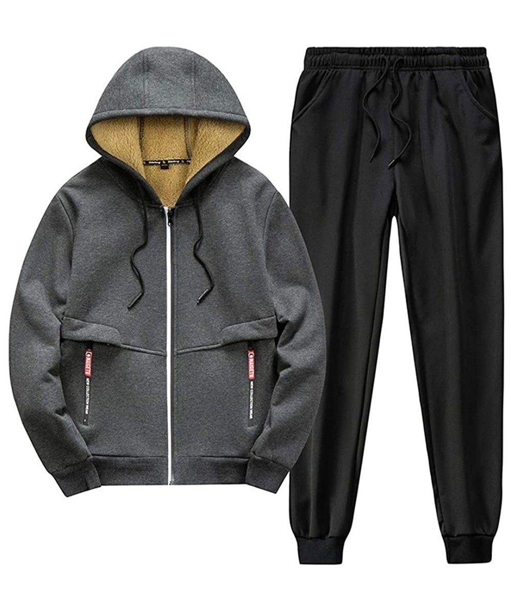 Shapewear Men's Hoodie Thicken Suit Warm Zipper Fur Inside Sweater Outwear Coat Pants Sets - C Gray - CB195HRHGLO
