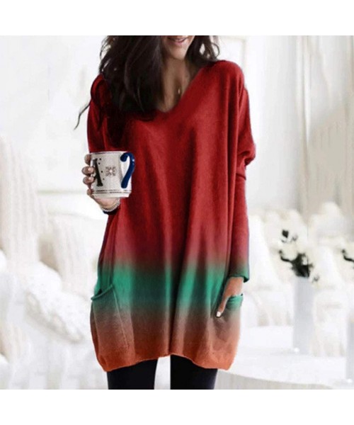 Tops Women's Tie-Dyeing Gradient Color Loose Long T-Shirt Long Sleeve V-Neck Pockets Pullover Daily Blouse Tops - Wine - C919...