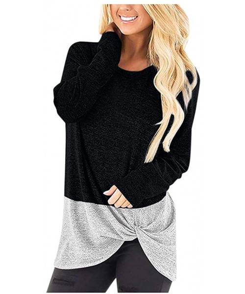 Thermal Underwear Women's Casual Crew Neck Long Sleeve T-Shirt Comfy Twist Knot Tunics Baggy Loose Fit Plain Tops - A-black -...