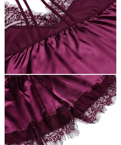 Sets Women Lingerie Satin Pajamas Set Lace Strap Camisole Shorts Set Sleepwear - B6600-dark Red - CO18OLKLAL0