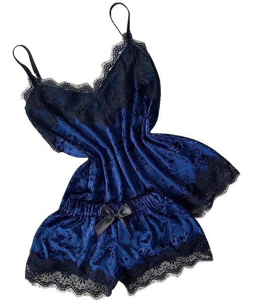 Sets Sexy Lingerie Women Sleep Wear Camisole Bow Shorts V-Neck Tops Velvet Pajamas Sleepwear - Blue - CM1907ZO9SG