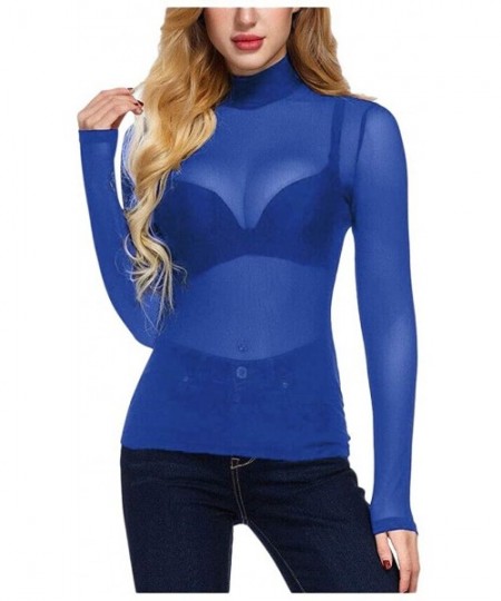 Slips Women's Sheer Mesh See-Through High Neck Long Sleeve Crop Tops T Shirt Blouse - Blue - CZ195LQ8866