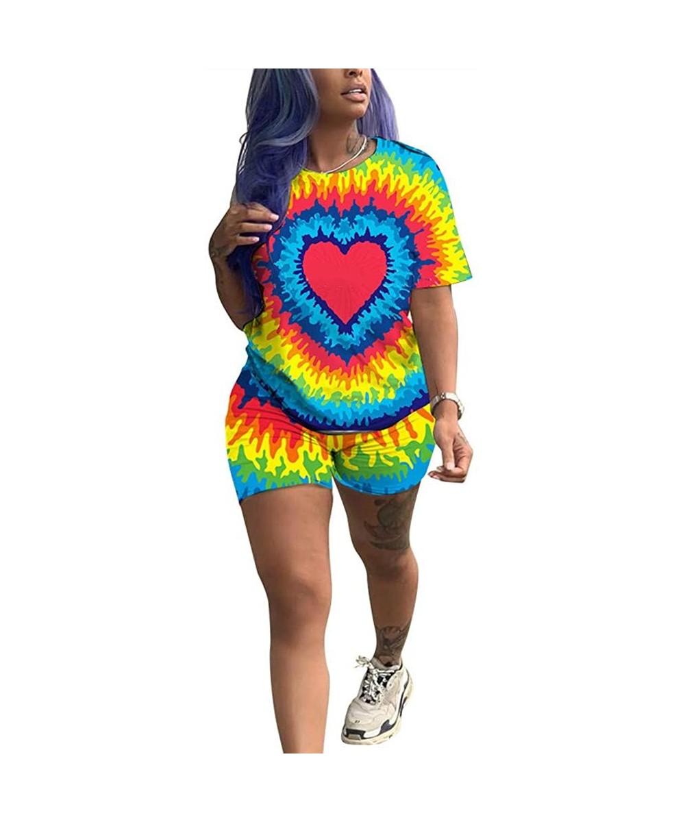 Sets Womens 2 Piece Outfits Printed Short Sleeve T Shirts Tops and Shorts Set Sports Joggers Casual Tracksuits Blue Heart - C...