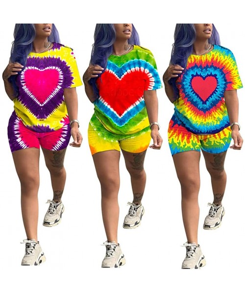 Sets Womens 2 Piece Outfits Printed Short Sleeve T Shirts Tops and Shorts Set Sports Joggers Casual Tracksuits Blue Heart - C...
