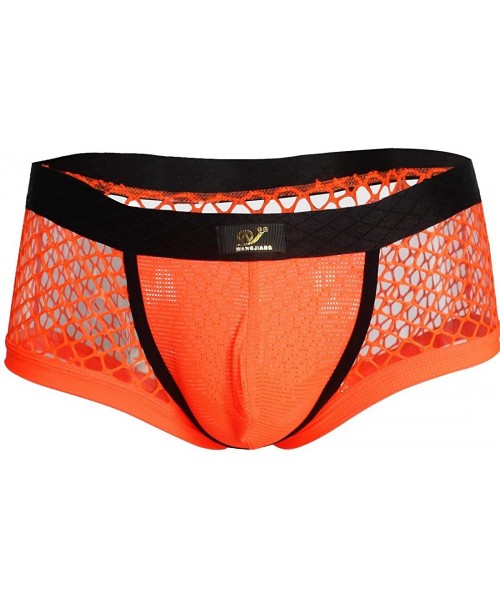 Bikinis Mens Openwork Breathable Mesh Boxer Briefs Underwear - Orange - CF11Y8ML2D7