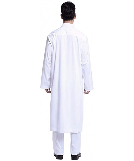 Robes Men's Islamic Thobe with Pants Set Long Sleeve Arab Muslim Wear Dubai Robe - White - CH1904IT8AW