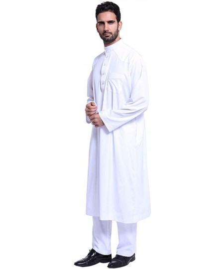 Robes Men's Islamic Thobe with Pants Set Long Sleeve Arab Muslim Wear Dubai Robe - White - CH1904IT8AW