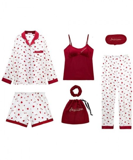 Sets Women's Silky Satin Pajamas Sleepwear Loungewear Cute Printed Seven Pieces Pj Sets Sleeping Homewear - Love 3 - CE19C4Z087U