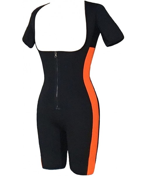 Shapewear Mid-Thigh Over Bust Slimming Body Suit Sports Skinny Singlet with Front Zipper - Black and Orange - CR18744WUWA