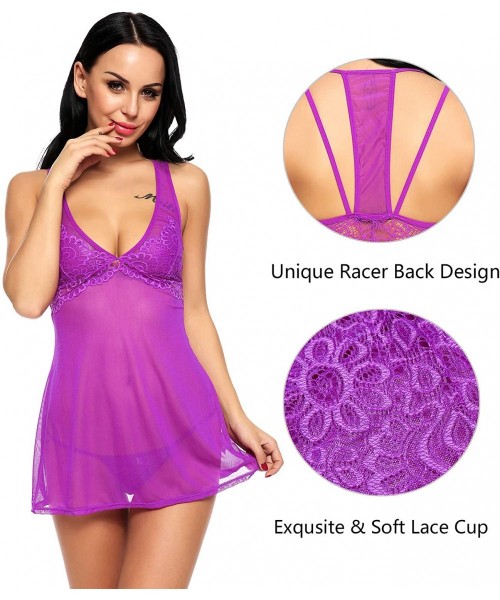 Baby Dolls & Chemises Sheer Mesh Lingerie Lace Babydoll Teddy Mini Chemise Nightgown Sleepwear - Purple - CX18UUNRRNN