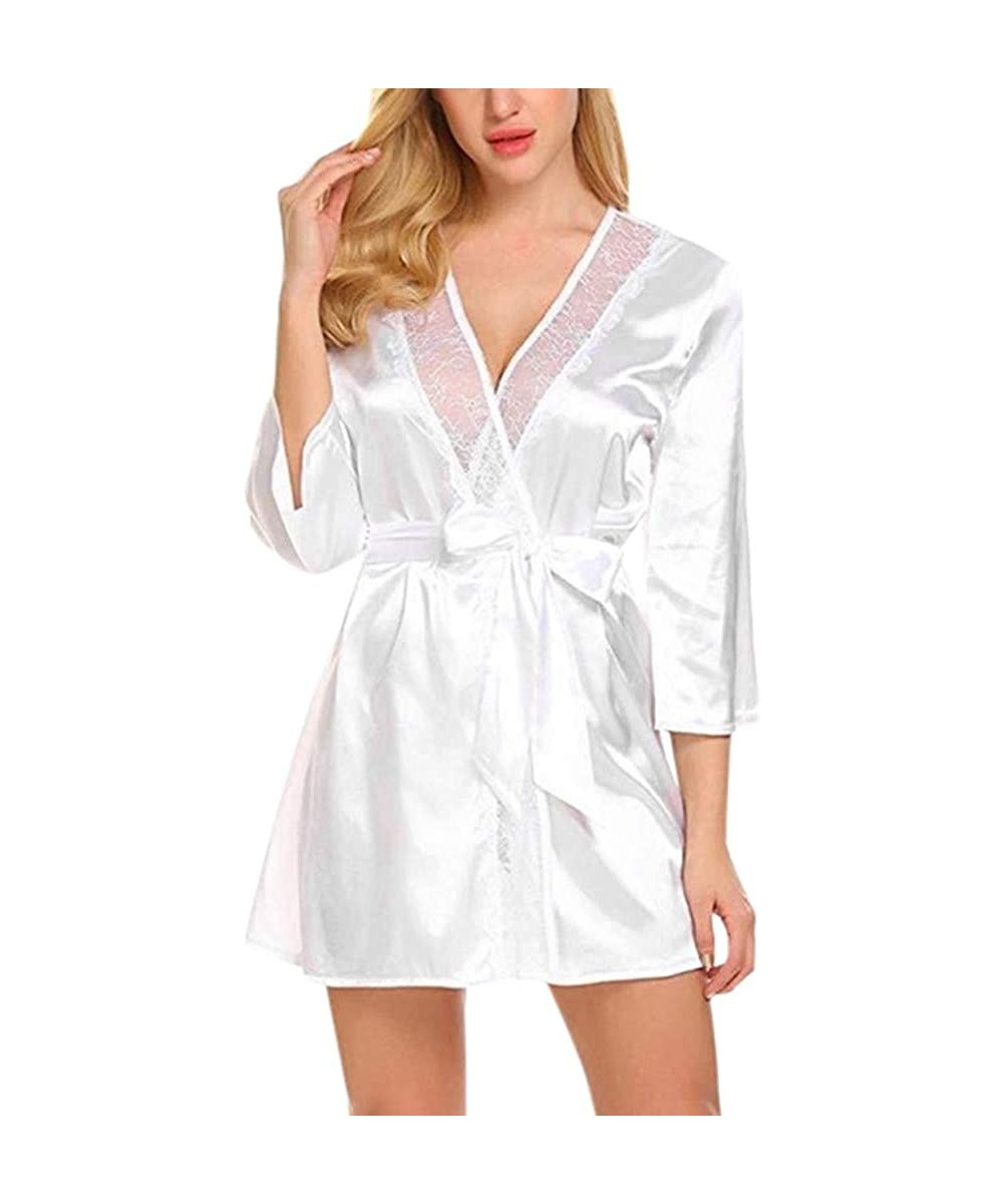 Robes Fashion Women's Autumn Casual Solid Nine-Minute Sleeve Lace Splicing Sleepwear - White - CX1993ALNAI