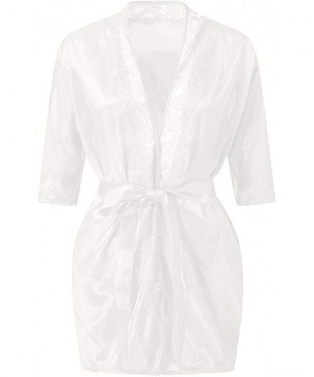 Robes Fashion Women's Autumn Casual Solid Nine-Minute Sleeve Lace Splicing Sleepwear - White - CX1993ALNAI