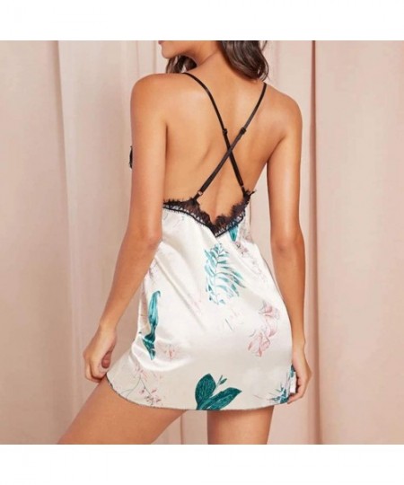 Nightgowns & Sleepshirts Women Sexy Lingerie Satin Lace Nightdress-New Babydoll Printed Cross Belt Backless Sleepskirt Cute H...
